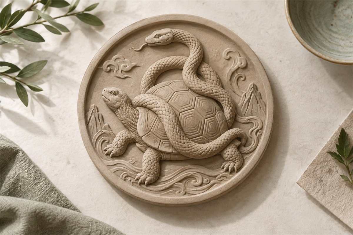Circular clay relief of a tortoise entwined with a clearly defined snake.
