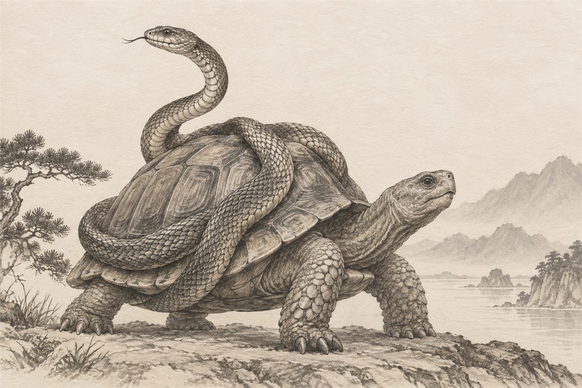 Ink illustration of a tortoise with an alert snake curving over its shell.