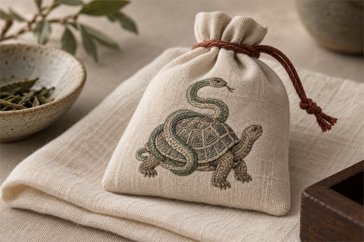 Ivory fabric sachet with a tortoise-and-snake embroidery and rust-colored tie.