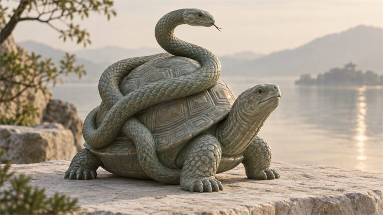 Sculpted tortoise with an entwined snake beside a softly lit lake.