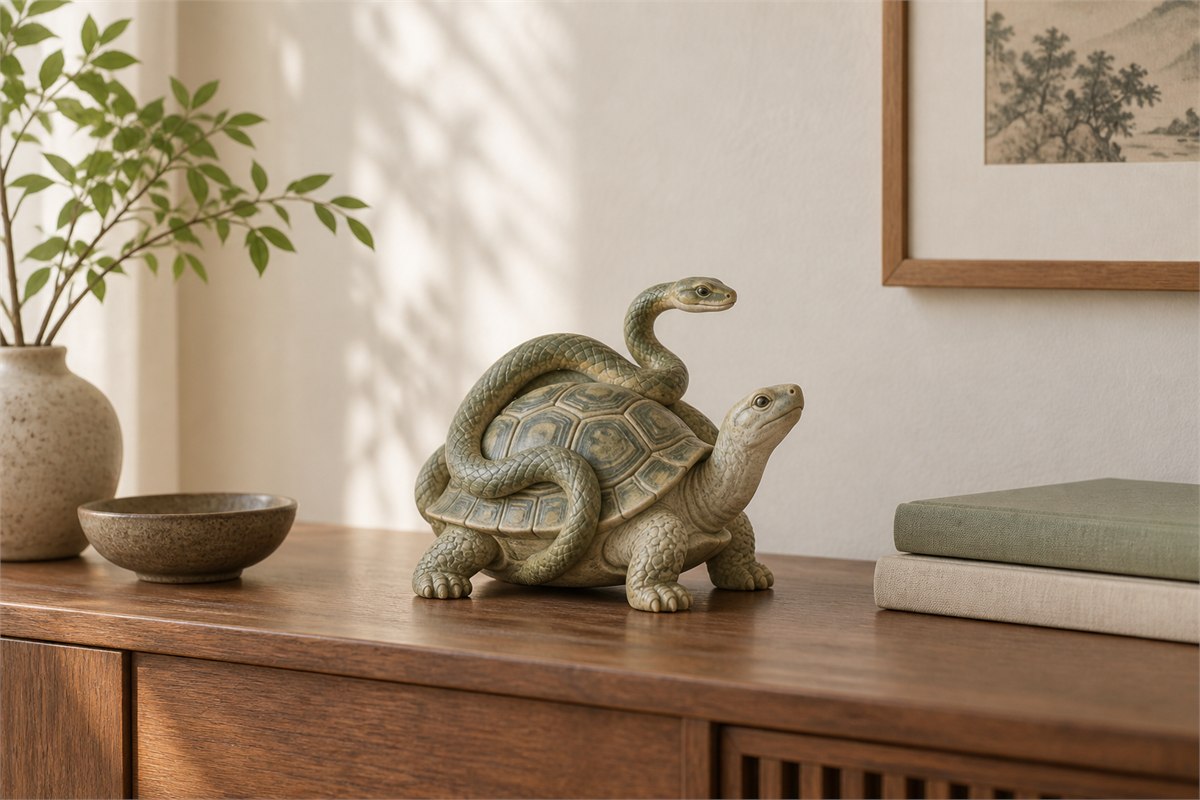Xuanwu ornament on a wooden console against a pale wall beside books.