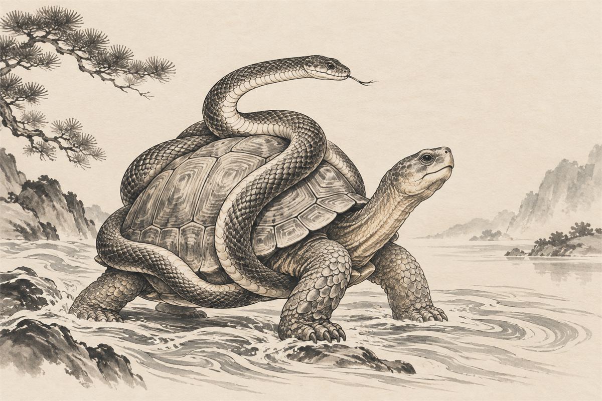 Ink drawing of a tortoise and winding snake above flowing water lines.