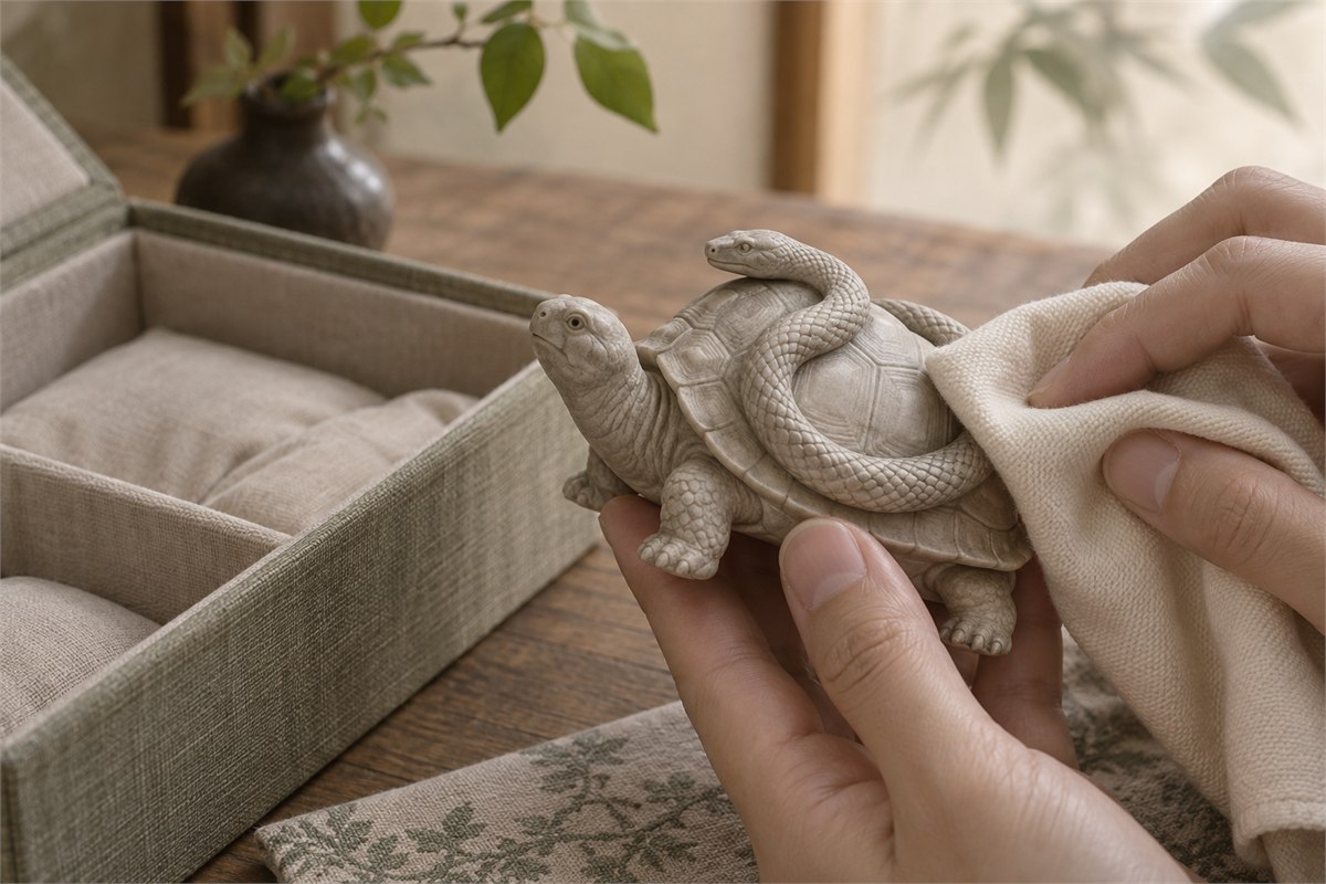 Hands supporting a Xuanwu carving while a soft cloth touches its shell.