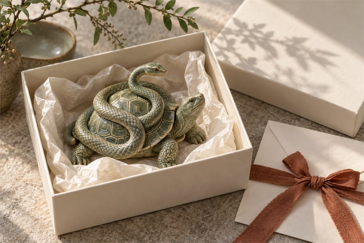 Green Xuanwu keepsake in an ivory gift box beside a tied envelope.