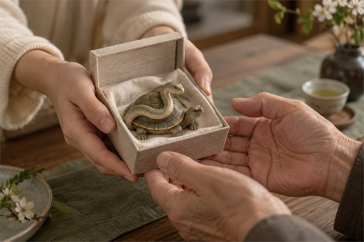 Younger hands offering an older person a boxed Xuanwu keepsake.