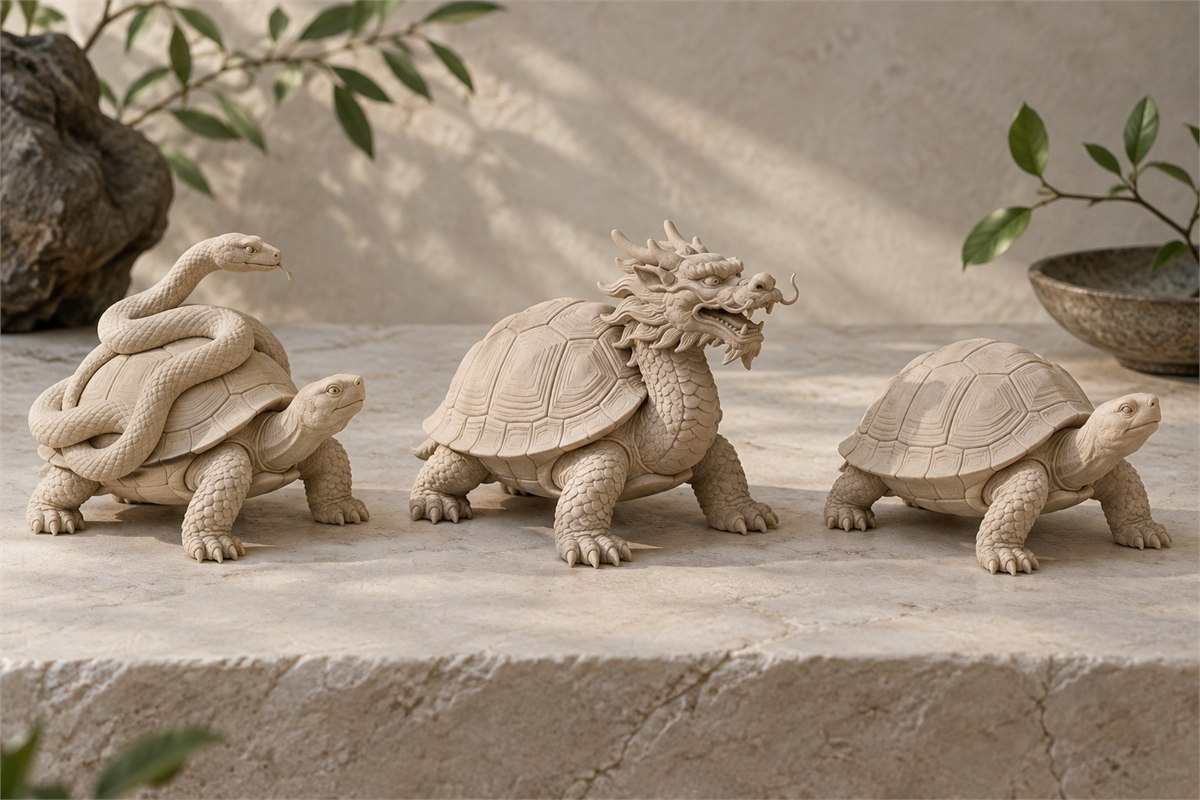 Three sculptures showing Xuanwu, a dragon-headed turtle, and a plain tortoise from left to right.