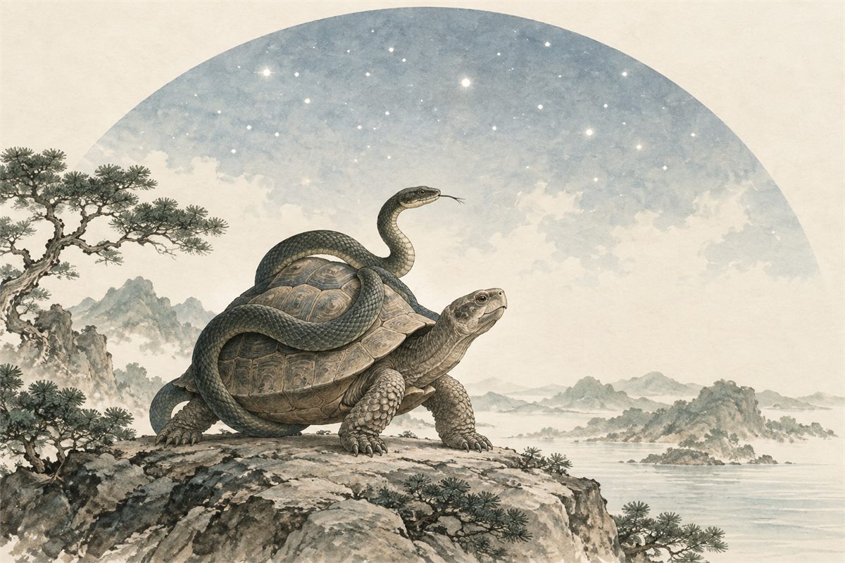 Xuanwu illustration beneath a pale arc of scattered decorative stars.