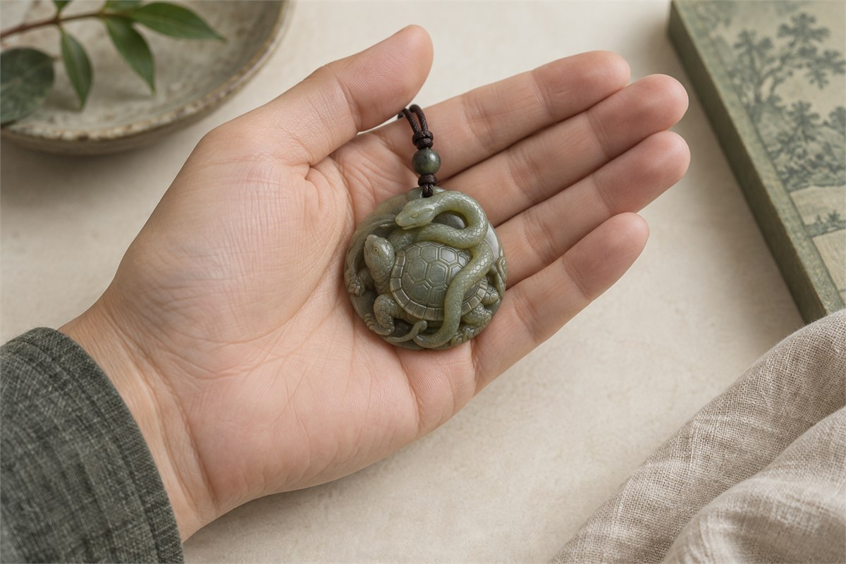 Rounded green Xuanwu pendant resting in an open palm.