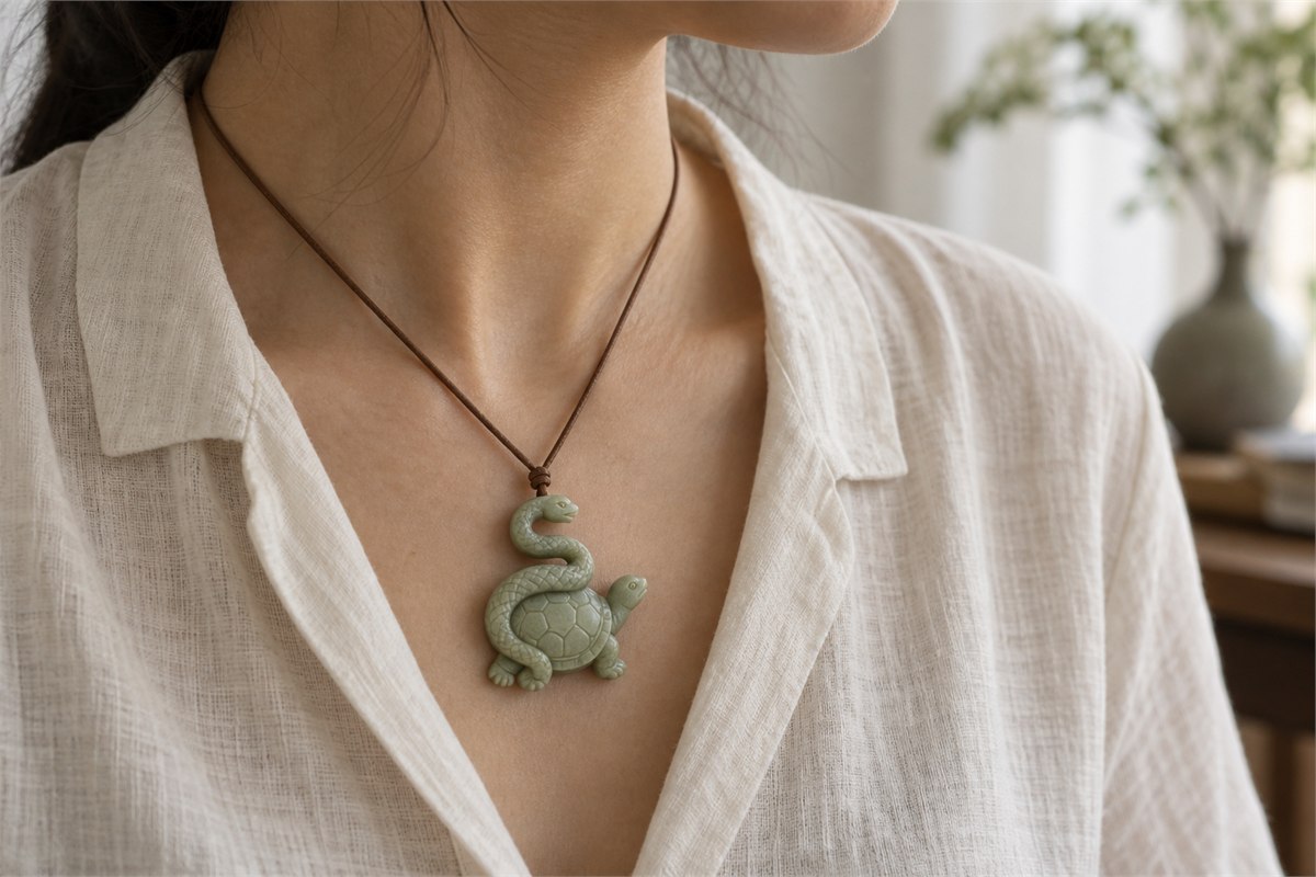 Pale green tortoise-and-snake pendant worn on a brown cord with an ivory blouse.