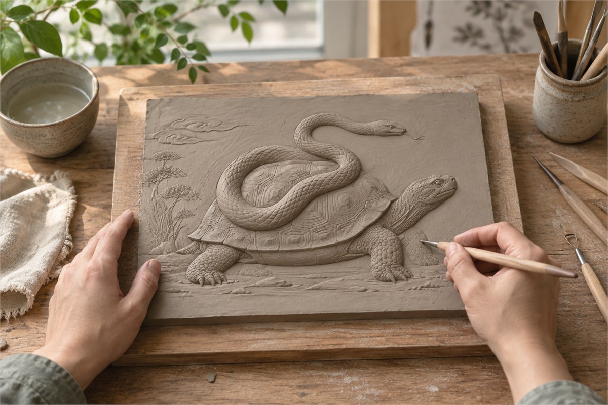 Hands shaping a contemporary rectangular clay relief of the tortoise and snake.