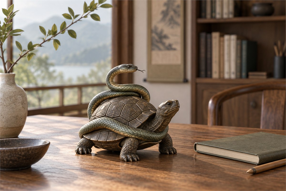 Xuanwu ornament beside a closed notebook on a sunlit wooden desk.