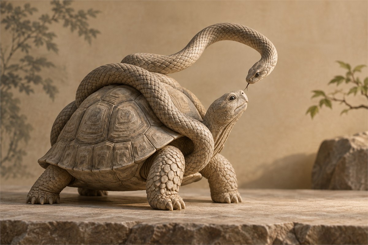 Sculpted tortoise and snake facing one another above a broad shell.