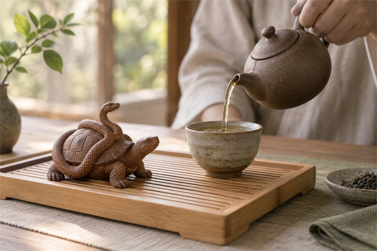 Clay Xuanwu tea pet beside a cup as tea is poured on a bamboo tray.