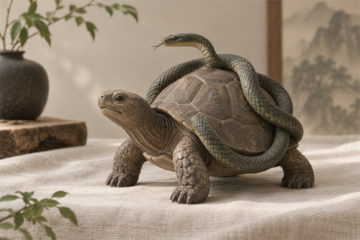 Tortoise-and-snake sculpture resting on ivory linen.