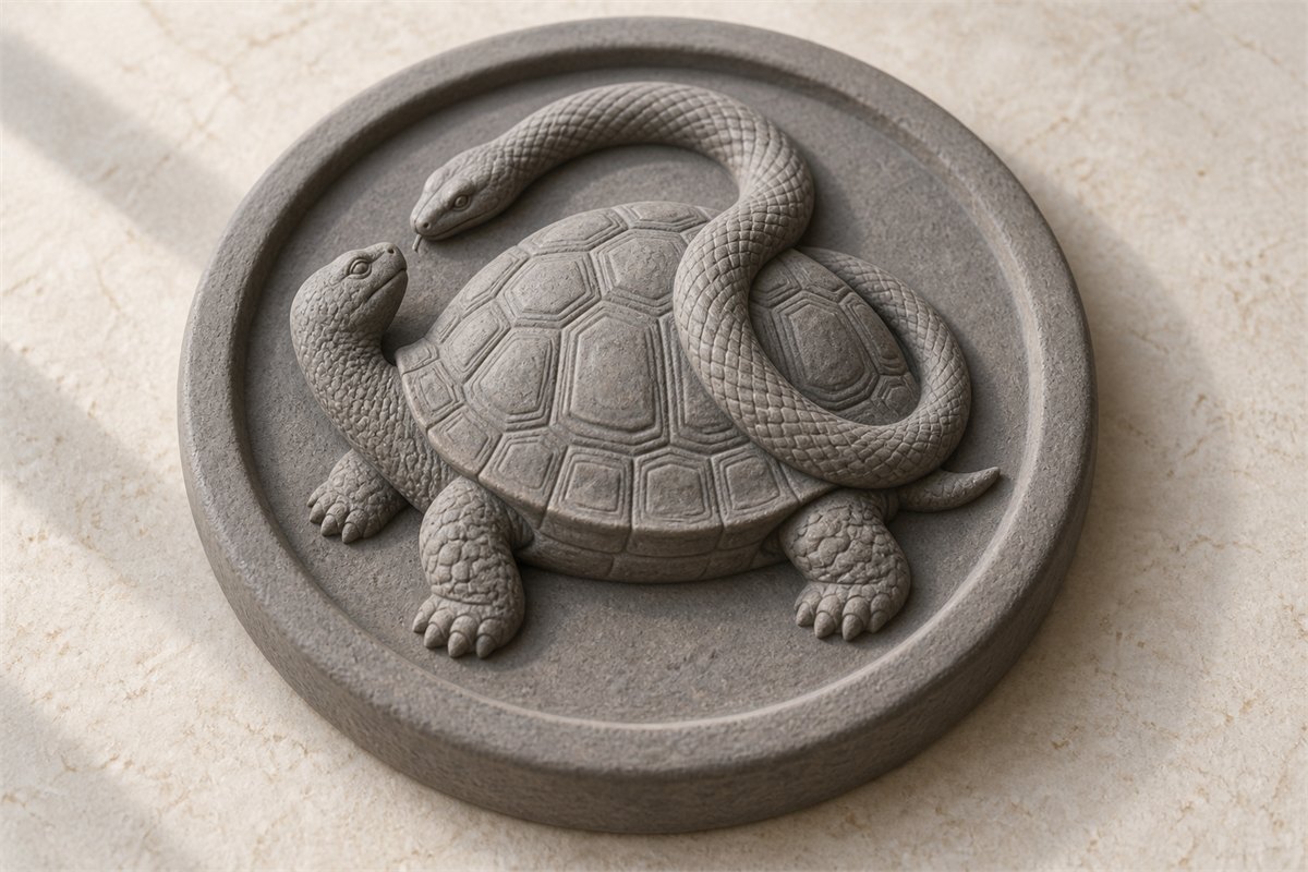 A tortoise and one continuous curling snake form a circular grey clay relief.