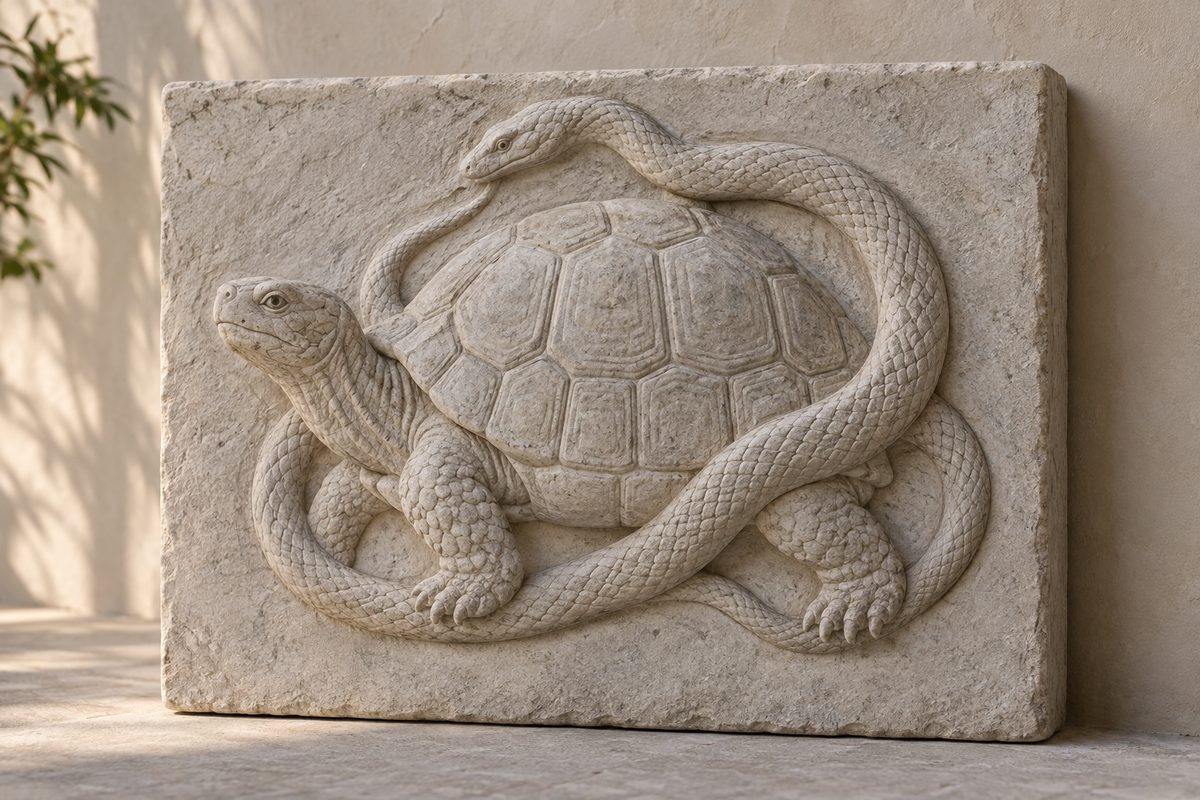 A stone relief of one tortoise with one snake curling around its shell.