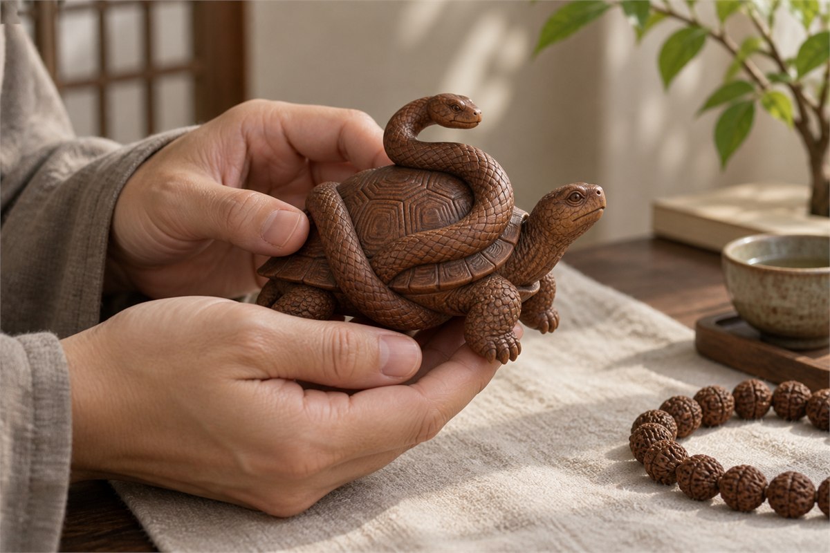 Hands holding a brown Xuanwu carving beside textured seed beads.