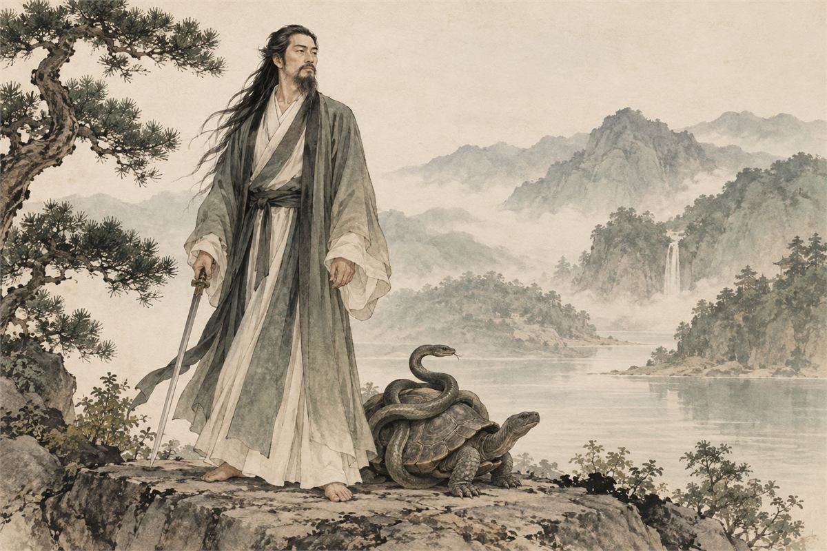 Illustration of long-haired, barefoot Zhenwu holding a sword with a tortoise and snake beside him.
