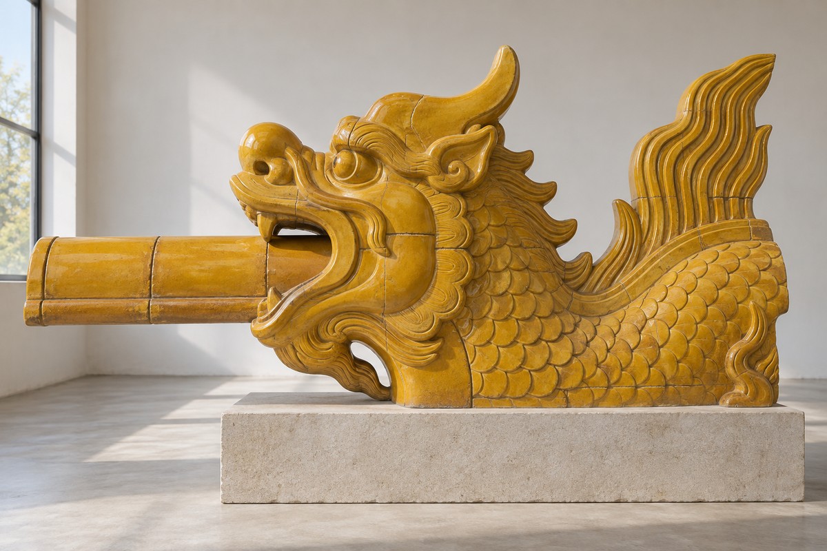 Yellow glazed Chiwen architectural study with fitted ceramic seams