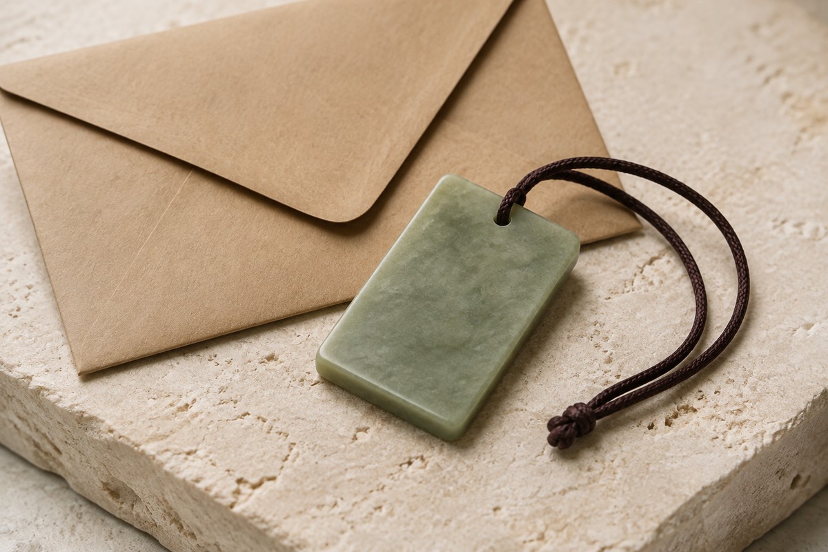 A rectangular green pendant and brown cord beside a closed kraft envelope.