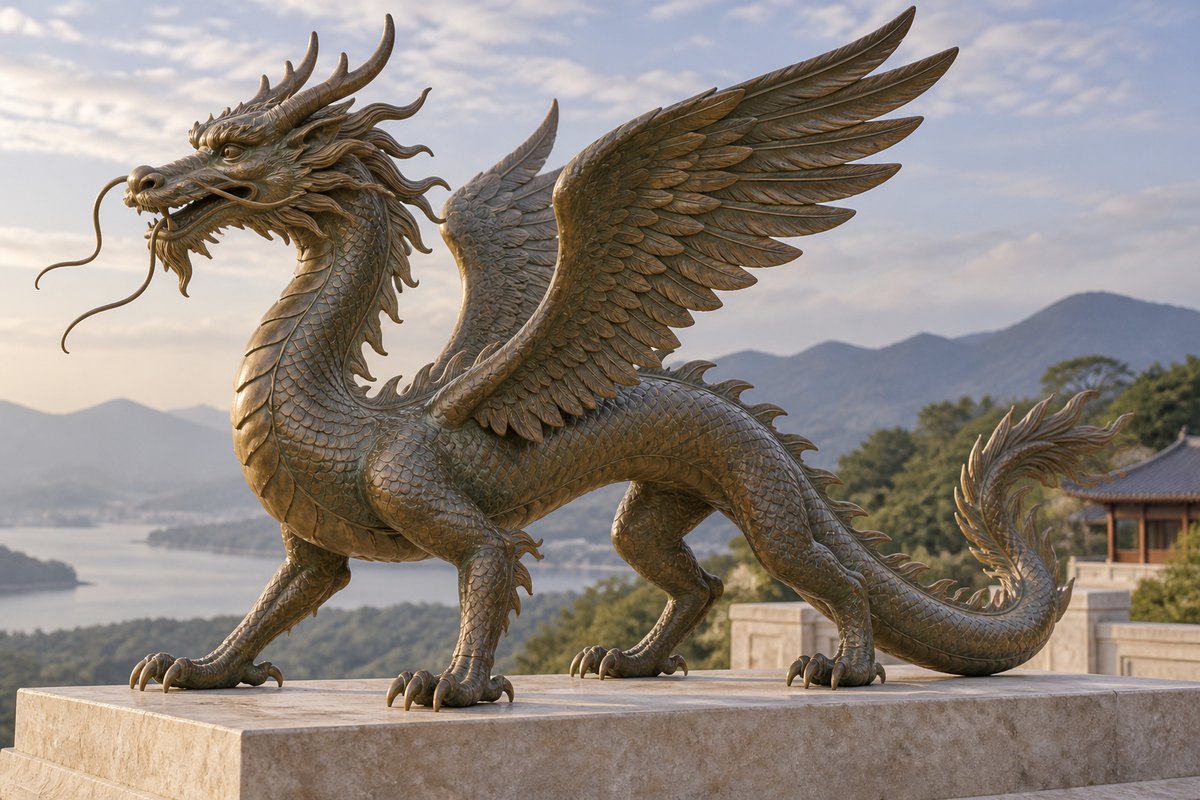 Bronze-colored winged dragon sculpture with four legs on a stone base.