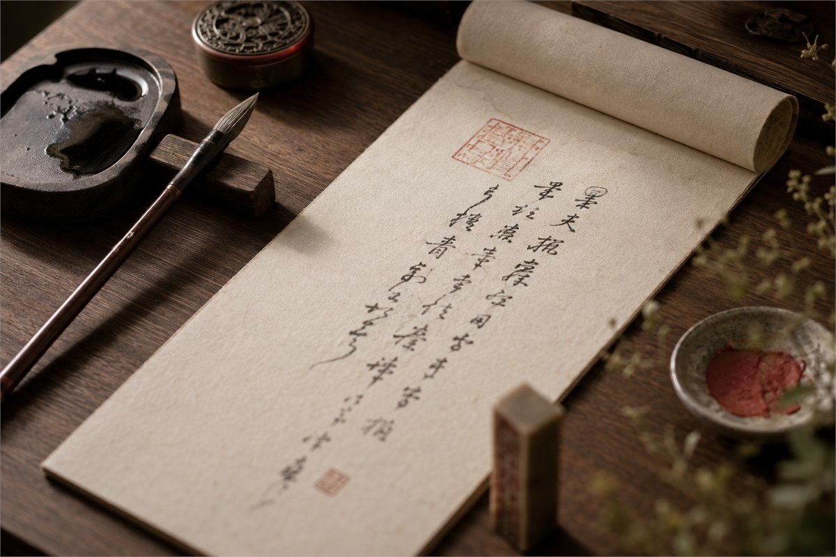 Vertical ink artwork showing a leading seal near the opening and a name seal lower in the composition