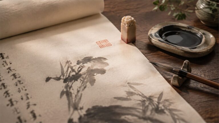 A carved Yinshouzhang leading seal beside an ink painting and a small red opening impression