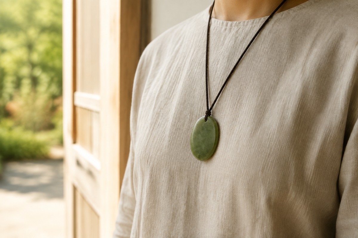 An oval green pendant on a brown cord worn over a linen shirt near a doorway.