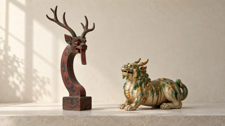 Antlered wooden guardian beside a glazed ceramic tomb beast