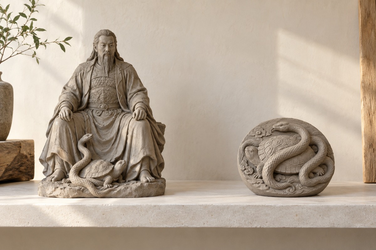 A human Zhenwu figure beside a separate tortoise-and-snake relief on a pale studio shelf.