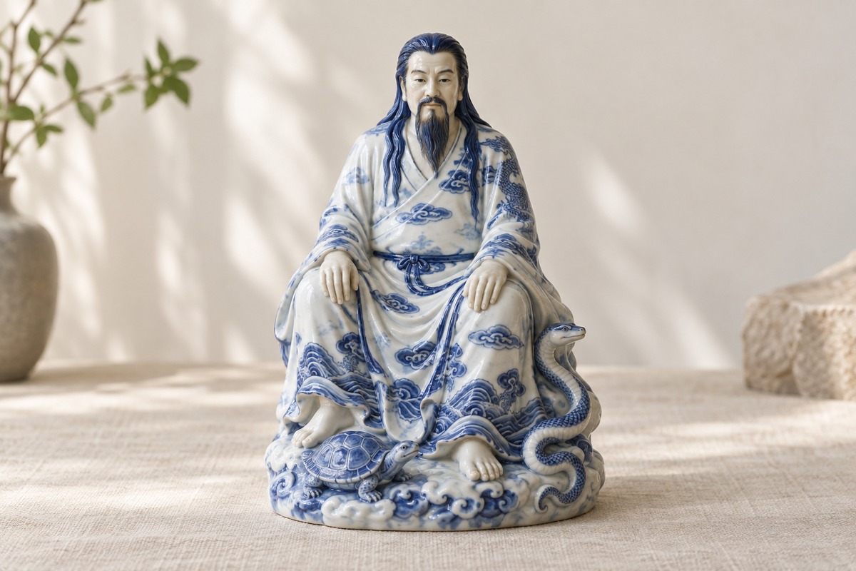 A contemporary blue-and-white porcelain Zhenwu sculpture with loose hair, robes, bare feet, and small tortoise-and-snake imagery.