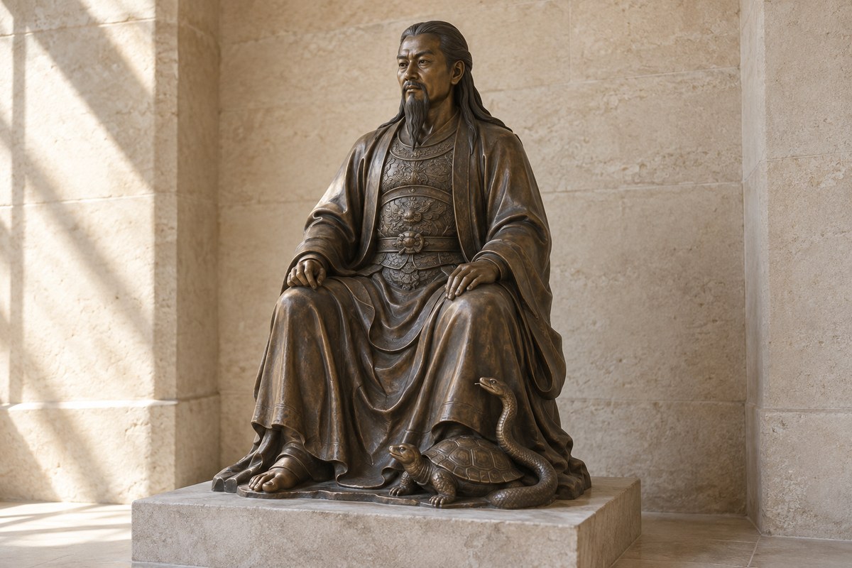 A bronze Zhenwu sculpture with loose hair, robes and armor, a bare foot, and a tortoise and snake at its base.