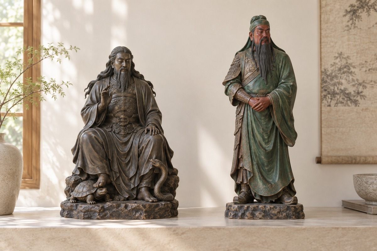 Two distinct contemporary sculptures: bareheaded Zhenwu with tortoise-and-snake imagery and bearded Guan Yu with a green robe and headcloth.