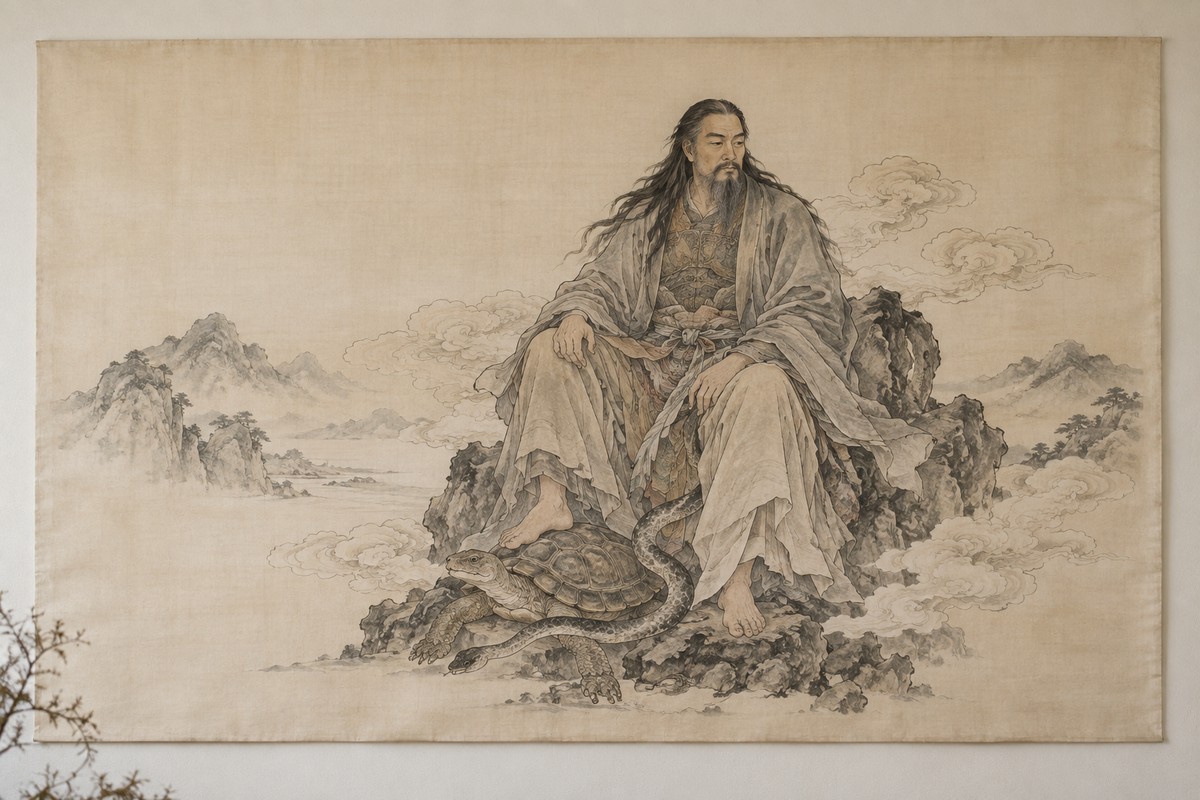 A contemporary ink-and-color painting on silk of Zhenwu seated among softly drawn clouds.