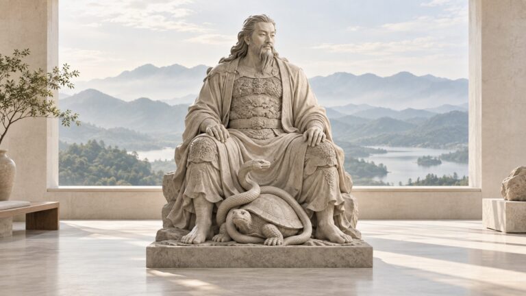 A contemporary pale stone Zhenwu sculpture framed by a broad window and a distant mountain landscape.