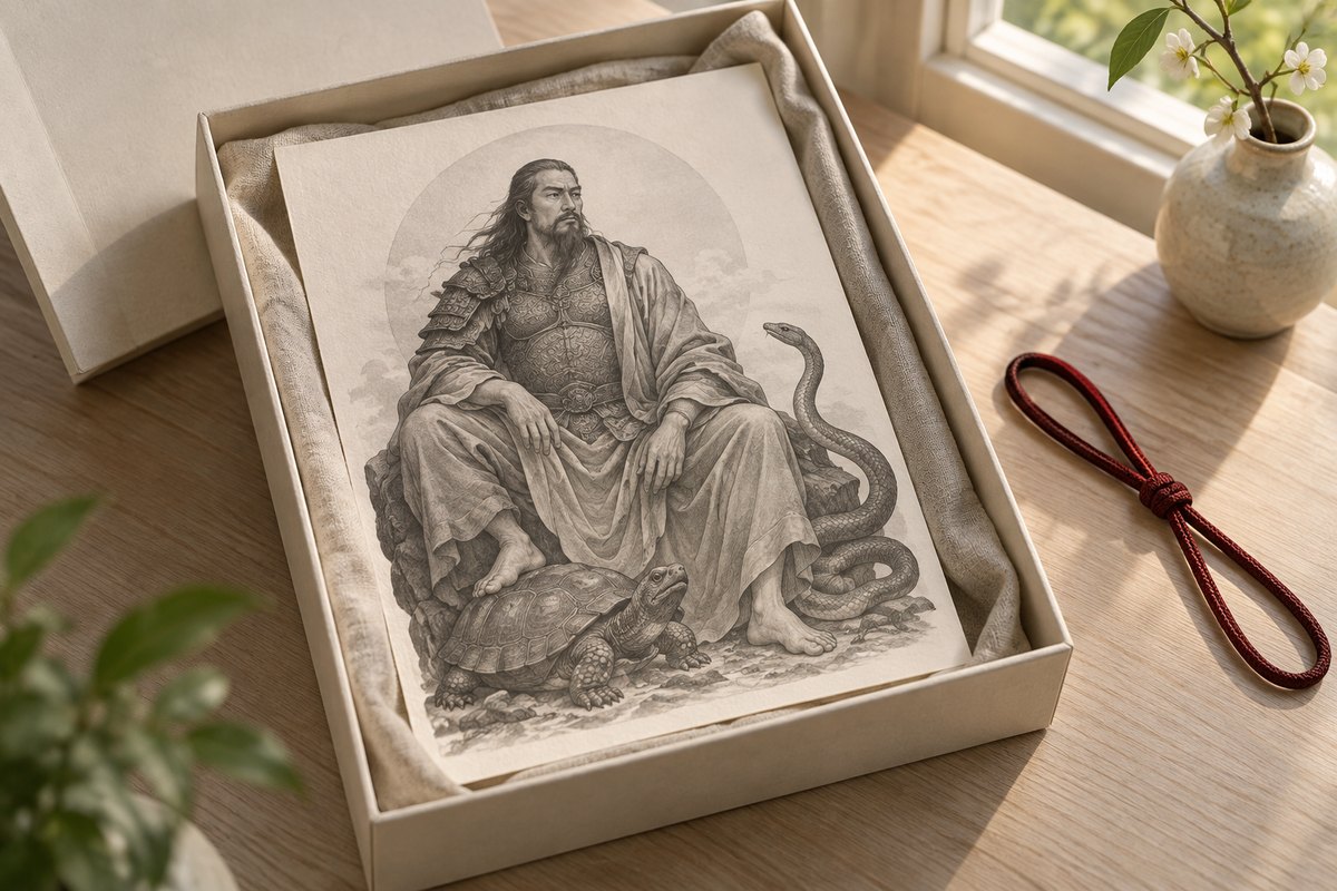 A small contemporary Zhenwu art print nestled in a neutral paper gift box beside folded linen.