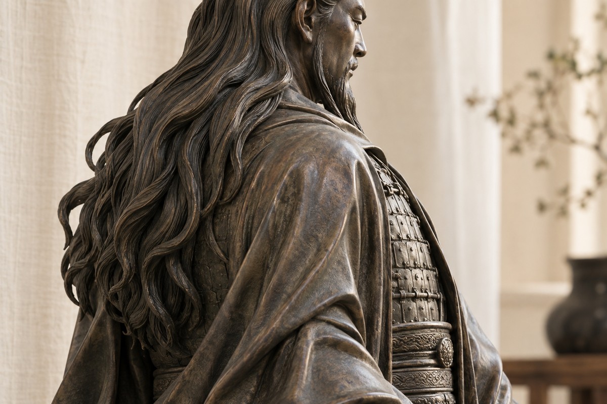 A close three-quarter view of a contemporary Zhenwu sculpture showing long loose hair, a flowing robe, and armor beneath.