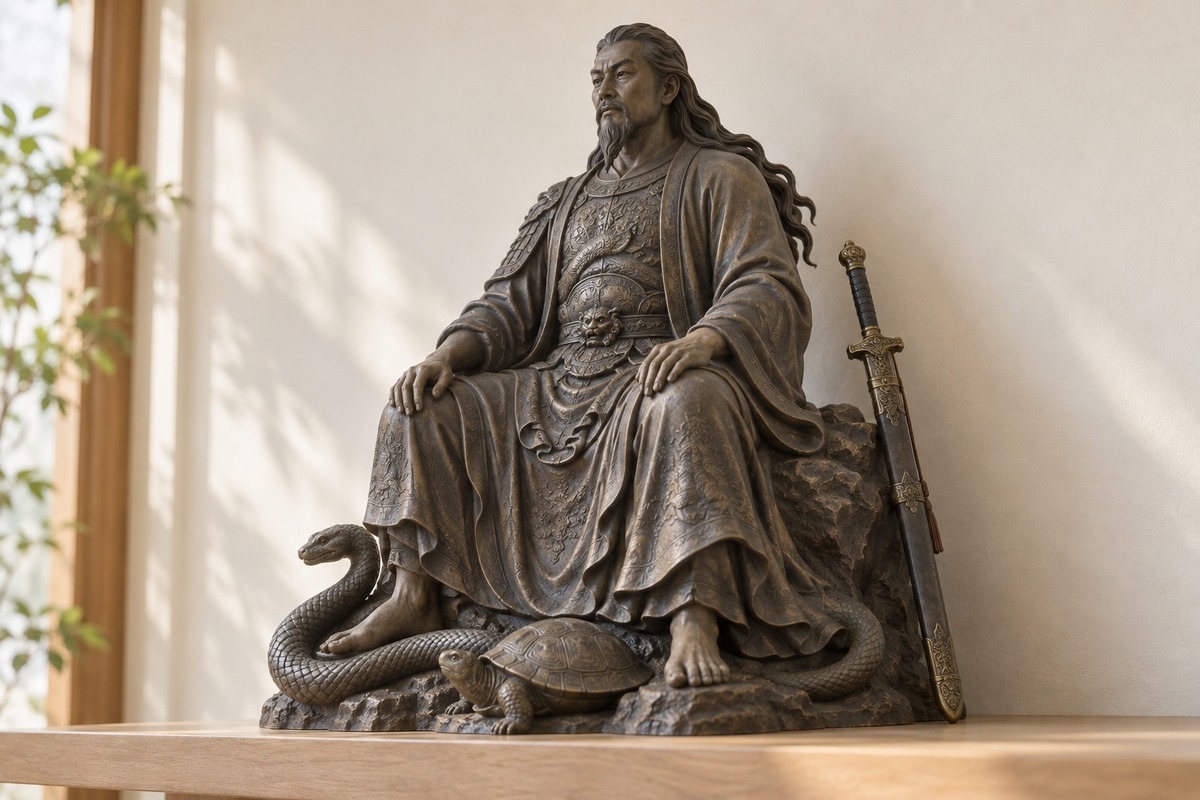 A bronze Zhenwu sculpture with a sheathed straight sword resting beside the seated figure.