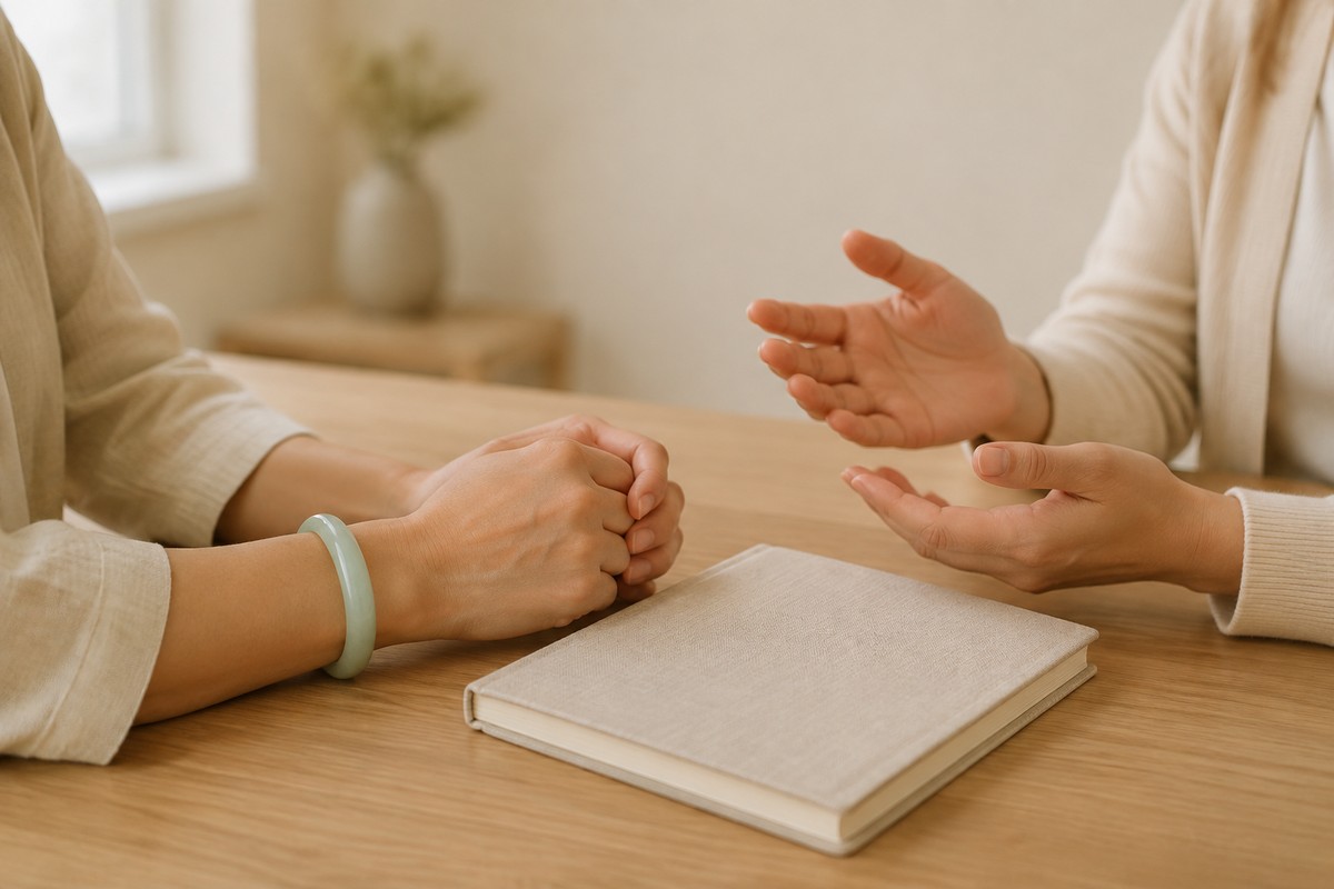 Two people gesture and listen across a table; one wears a pale green bangle.