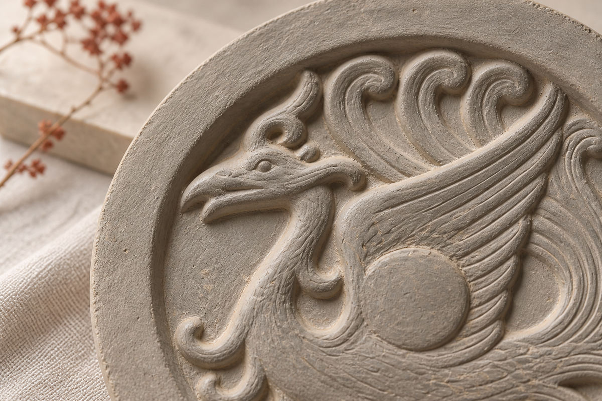 Close view of a clay bird relief with a curved neck and sweeping wing.
