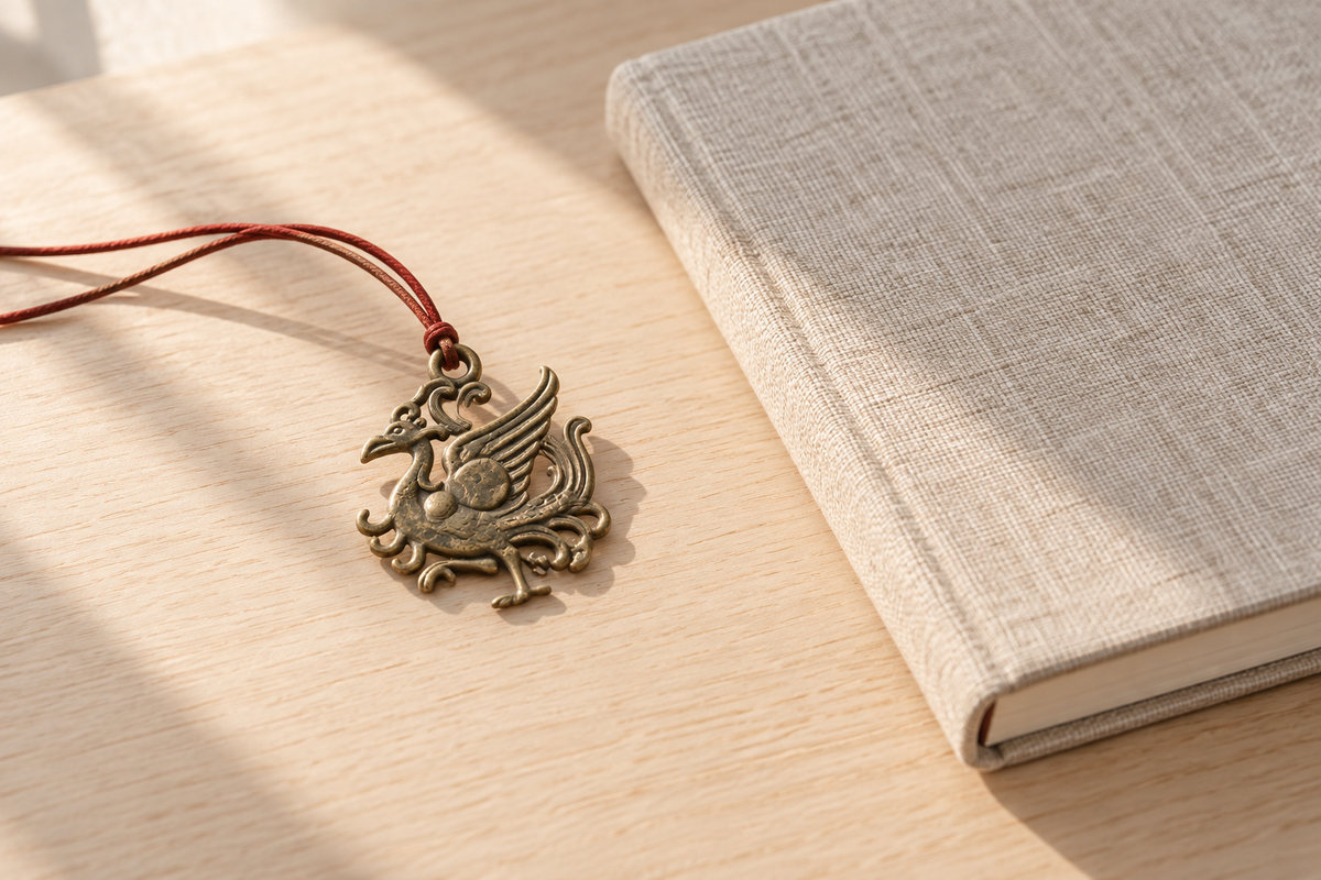 A small bird charm rests beside a closed linen notebook in window light.