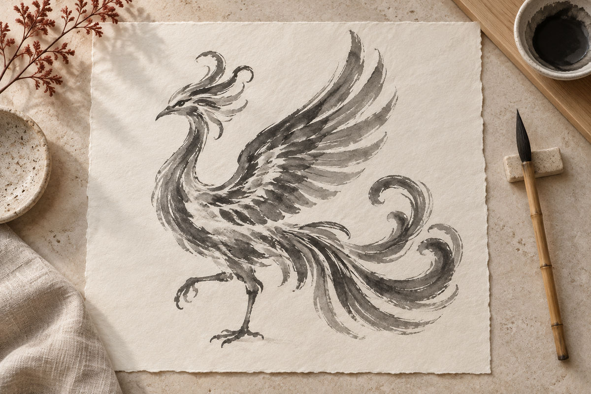 A stylized bird in black ink curves across a sheet of pale handmade paper.