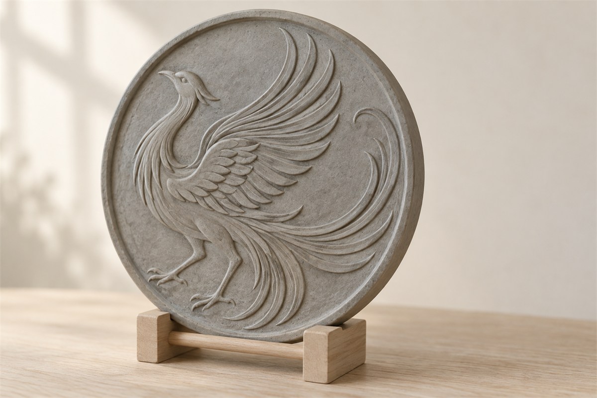 An open-winged stylized bird with a lifted head and flowing tail appears in grey ceramic relief.