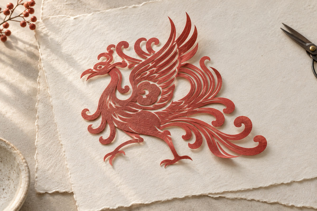 A muted red bird paper cut resting on textured cream paper.