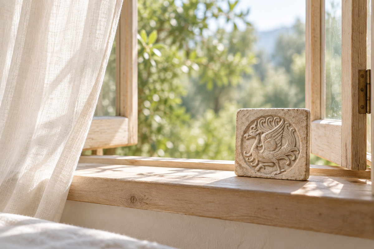 A pale ceramic bird plaque rests by an open window in early daylight.