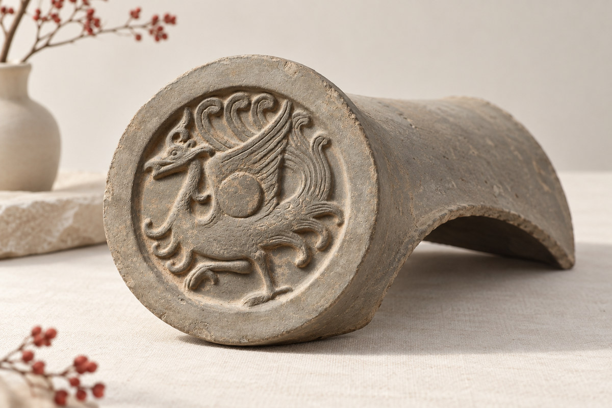 A modern grey-clay roof tile has a circular bird relief attached to its curved body.