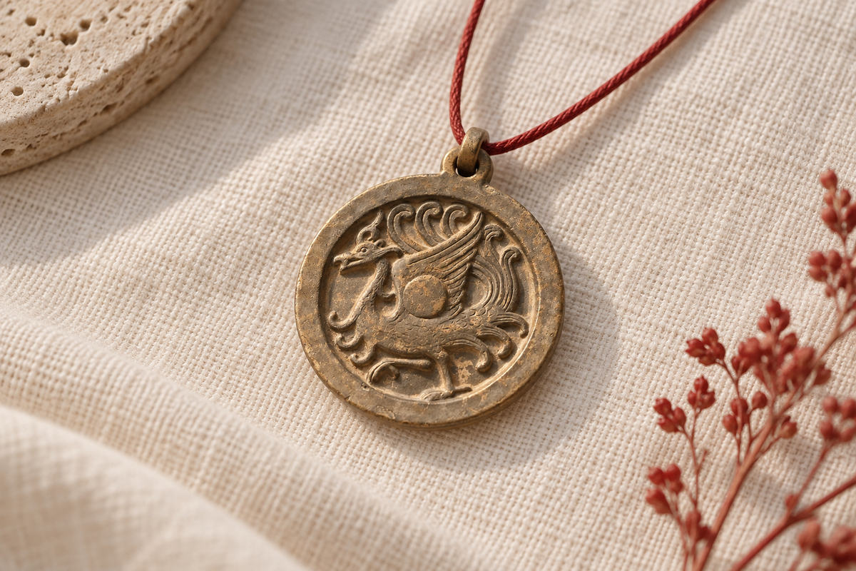 A round bronze bird pendant on a red cord over ivory linen.