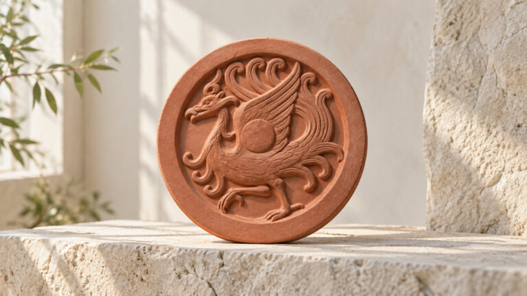 A modern terracotta bird relief on pale limestone in soft daylight.
