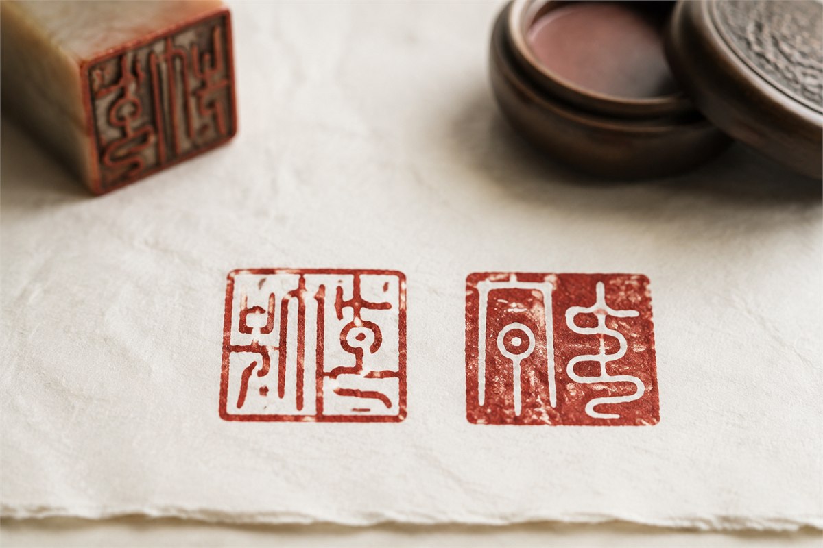 Two hand-stamped red impressions showing red-line Zhuwen and white-character Baiwen forms