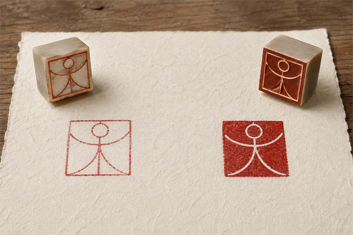 Two abstract seal impressions comparing red characters with pale characters in a red field